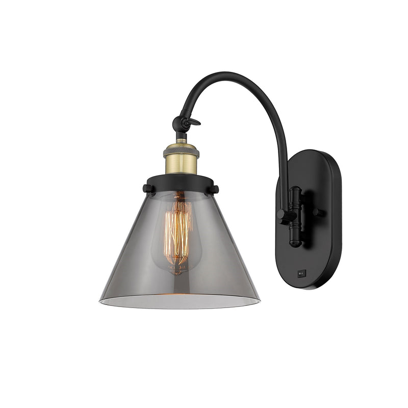 Innovations Cone 8in 1-Light Swing Arm Lamp | Industrial Black Antique Brass Steel and Light Smoke Glass | Bedroom & Living | Model 918-1W-BAB-G43-LED