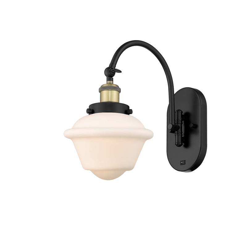 Innovations Oxford 1-Light 7.5in Swing Arm Wall Sconce | Traditional Black Antique Brass Steel and Matte White Frosted Glass | Model 918-1W-BAB-G531