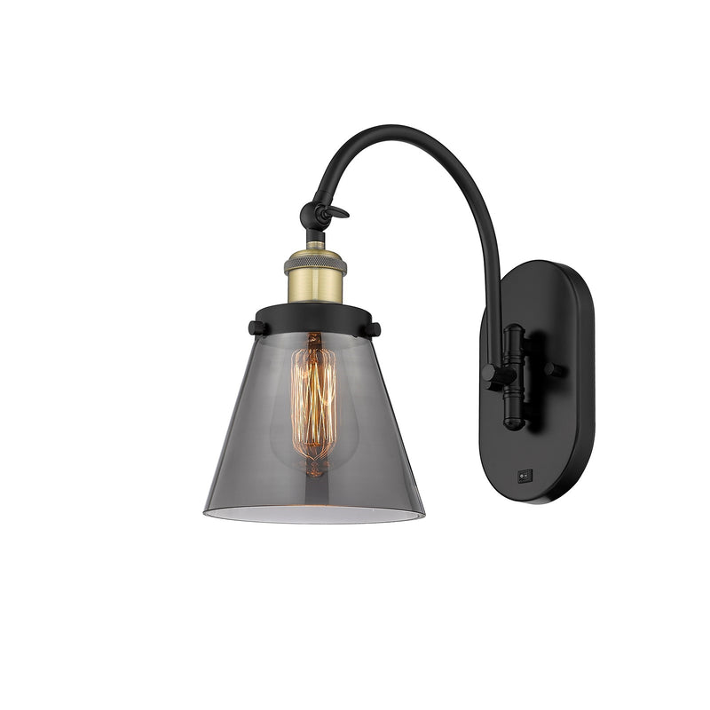 Innovations Lighting Cone 6.25in 1-Light Swing Arm Wall Sconce | Industrial Black Antique Brass Steel and Light Smoke Glass | Model 918-1W-BAB-G63-LED