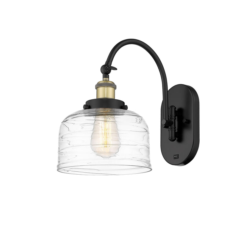 Innovations Bell 8in 1-Light Swing Arm Wall Sconce | Industrial Black Antique Brass and Clear Deco Swirl Glass | Bedroom & Living | Model 918-1W-BAB-G713