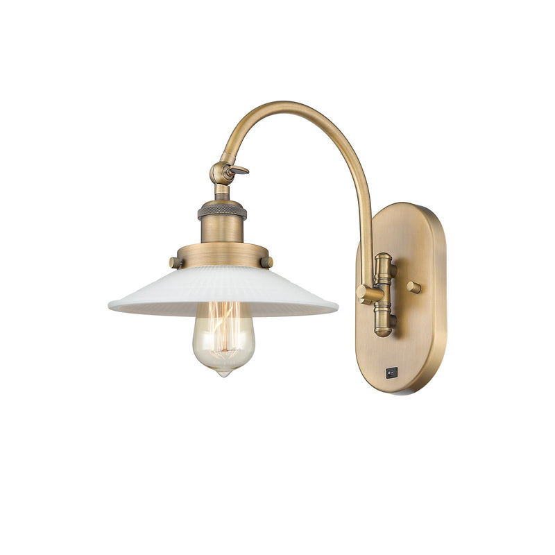Innovations Halophane 8.5in 1-Light Swing Arm Lamp | Industrial Brushed Brass Steel and Matte White Frosted Glass | Bedroom & Hallway | Model 918-1W-BB-G1