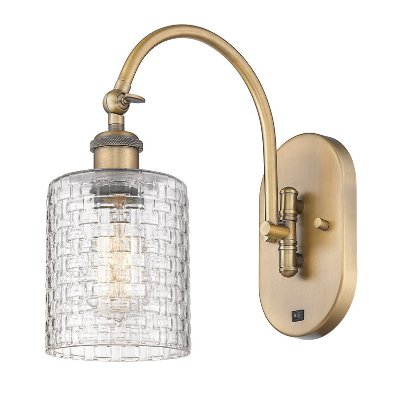 Innovations Cobbleskill 5in 1-Light Wall Sconce | Industrial Brushed Brass Steel and Clear Basket Weave Glass | Hallway & | Model 918-1W-BB-G112C-5CL