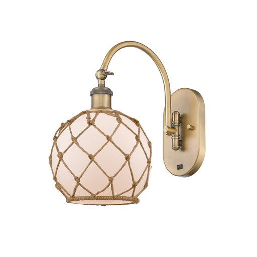 Innovations Farmhouse Rope 8in 1-Light Wall Sconce | Industrial Brushed Brass and White Glass with Brown Rope | Bedroom & | Model 918-1W-BB-G121-8RB