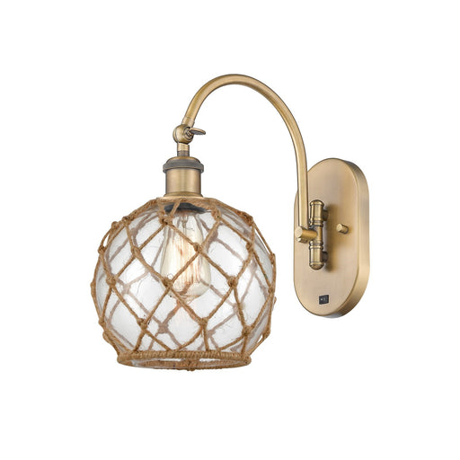 Innovations Farmhouse Rope 8in 1-Light Wall Sconce | Industrial Brushed Brass Steel and Clear Glass with Brown Rope | Bedroom & | Model 918-1W-BB-G122-8RB