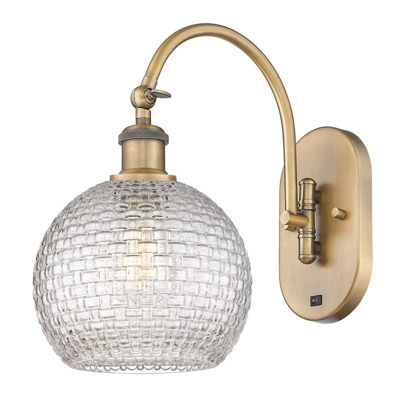 Innovations Athens 8in 1-Light Wall Sconce | Industrial Brushed Brass and Clear Basket Weave Glass | Hallway & Bathroom Accent | Model 918-1W-BB-G122C-8CL