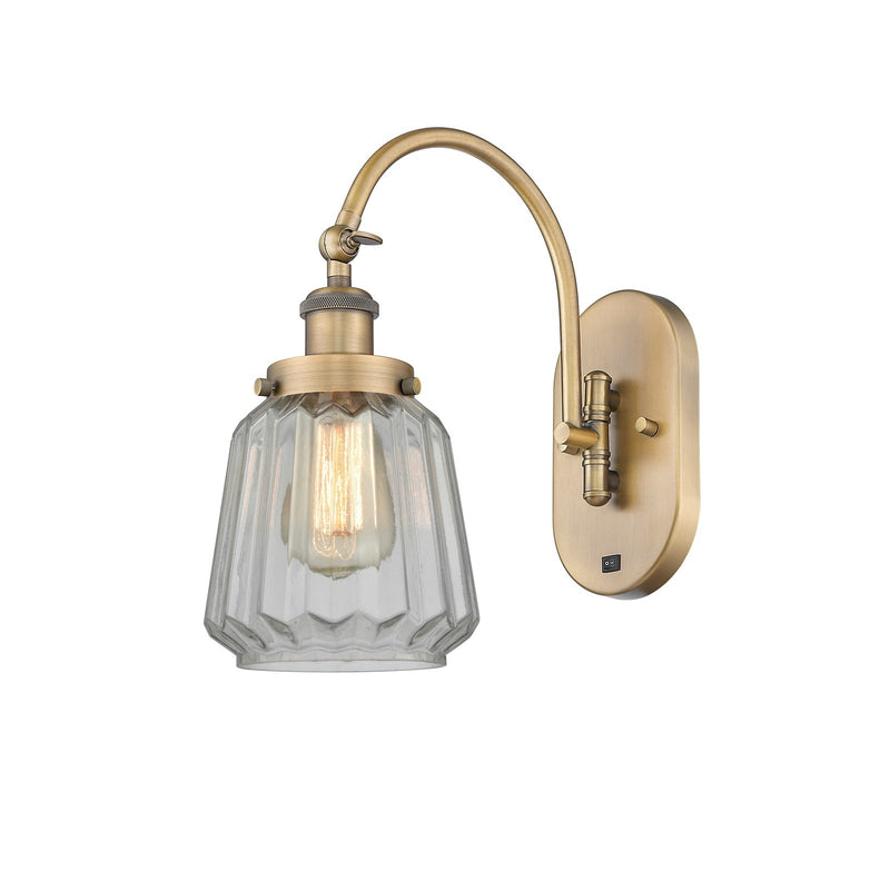 Innovations Chatham 7in 1-Light Swing Arm Lamp | Industrial Brushed Brass Steel and Clear Ribbed Glass | Bedroom & Living Room | Model 918-1W-BB-G142-LED