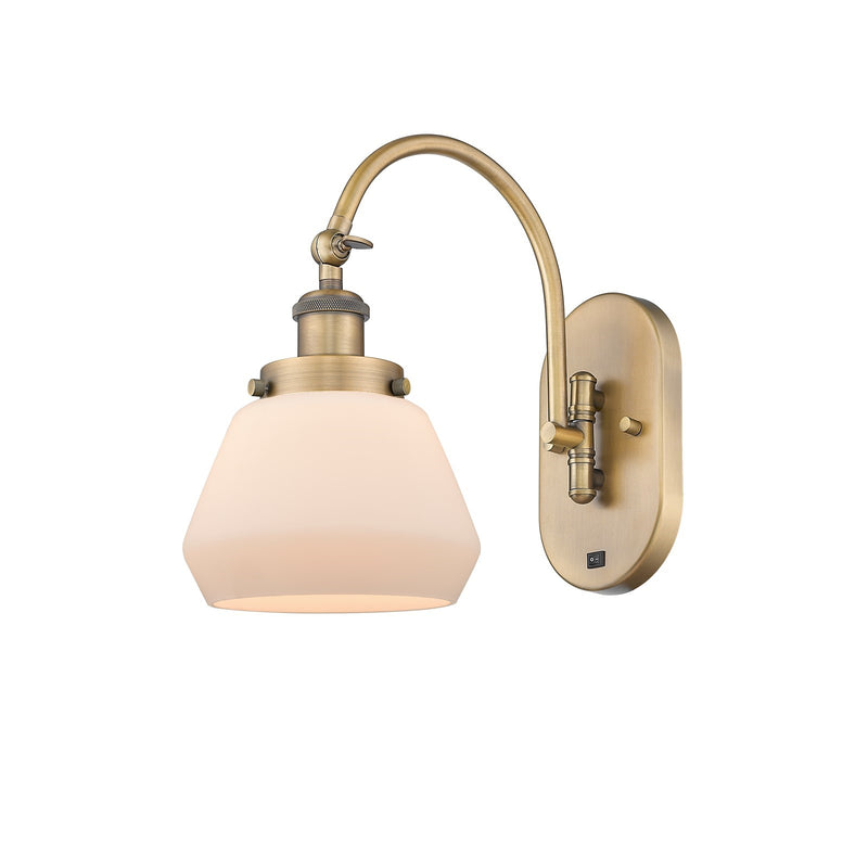 Innovations Fulton 7in 1-Light Swing Arm Lamp | Industrial Brushed Brass Steel and Matte White Frosted Glass | Bedroom & Living | Model 918-1W-BB-G171