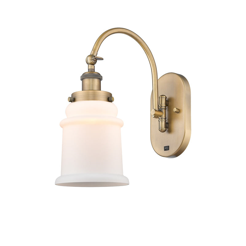 Innovations Canton 6.5in 1-Light Swing Arm Lamp | Industrial Brushed Brass Steel and Matte White Frosted Glass | Bedroom & Living | Model 918-1W-BB-G181