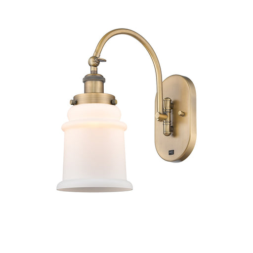 Innovations Canton 6.5in 1-Light Swing Arm Lamp | Industrial Brushed Brass Steel and Matte White Frosted Glass | Bedroom & | Model 918-1W-BB-G181-LED