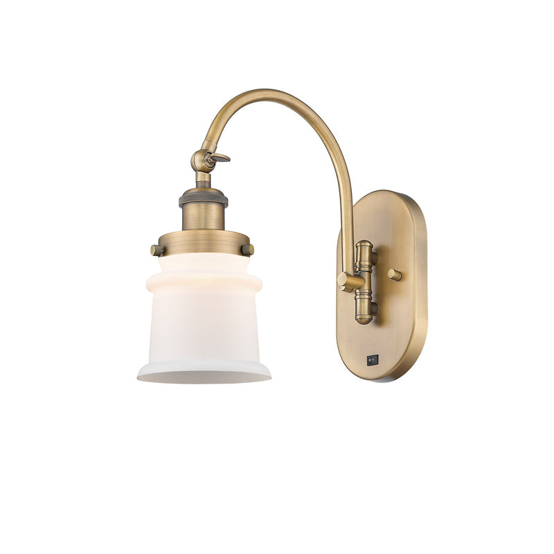 Innovations Canton 6.5in 1-Light Swing Arm Lamp | Industrial Brushed Brass Steel and Matte White Small Frosted Glass | Bedroom & | Model 918-1W-BB-G181S