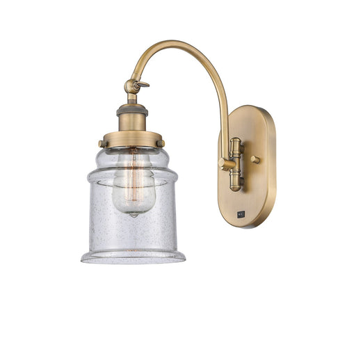 Innovations Canton 1-Light Swing Arm Wall Sconce | Industrial Brushed Brass Steel and Seedy Glass | Bedroom & Living Room | Model 918-1W-BB-G184-LED