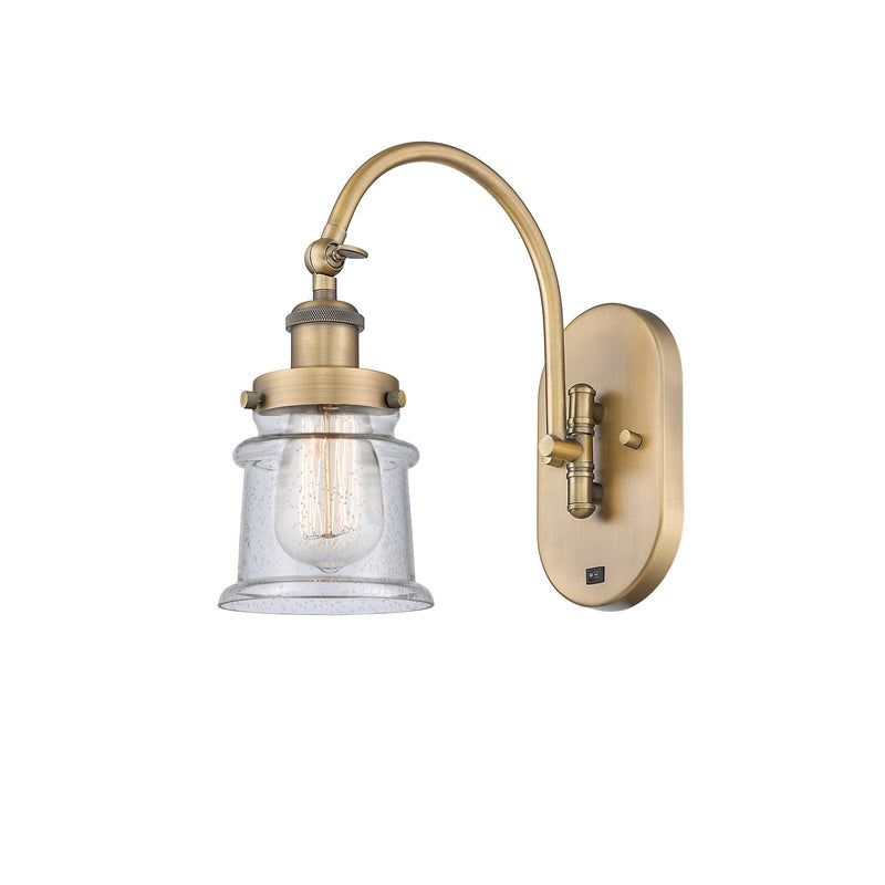 Innovations Canton 1-Light Swing Arm Wall Sconce | Industrial Brushed Brass Steel and Seedy Glass | Bedroom & Living Room Reading | Model 918-1W-BB-G184S