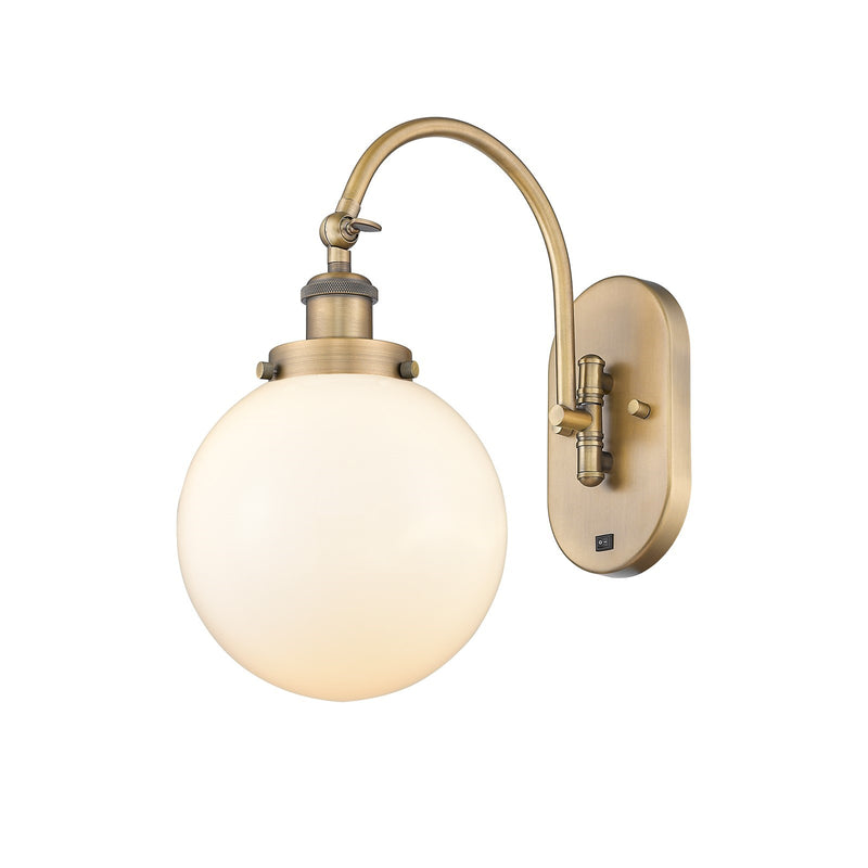 Innovations Beacon 8in 1-Light Swing Arm Lamp | Industrial Brushed Brass Steel and Matte White Frosted Glass | Bedroom Reading & | Model 918-1W-BB-G201-8