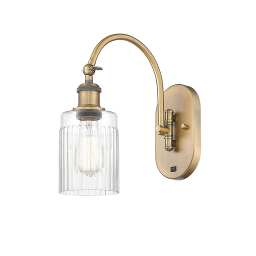 Innovations Hadley 1-Light Wall Sconce | Industrial Brushed Brass and Clear Ribbed Glass | Bedroom & Hallway Accent Light | Model 918-1W-BB-G342