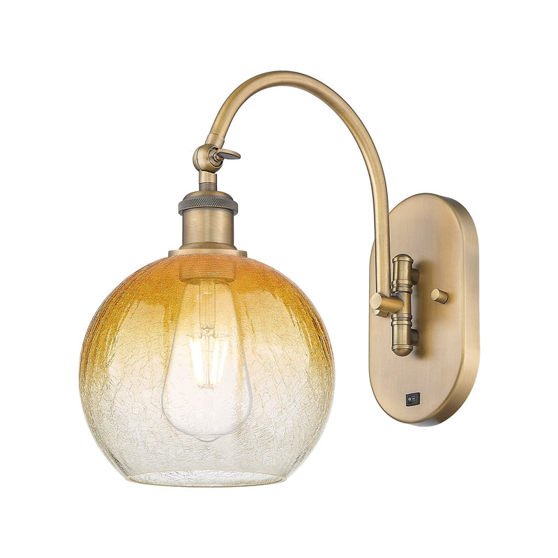 Innovations Brookhaven Globe 7.88in 1-Light Wall Sconce | Industrial Brushed Brass and Amber Glass | Hallway & Bathroom Accent | Model 918-1W-BB-G483-8AM