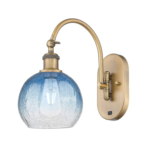 Innovations Brookhaven Globe 8in 1-Light Wall Sconce | Industrial Brushed Brass Steel and Sapphire Blue Glass | Hallway & | Model 918-1W-BB-G483-8SB