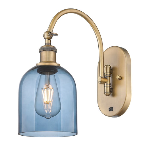 Innovations Bella 5.5in 1-Light Wall Sconce | Industrial Brushed Brass and Blue Glass | Bathroom & Hallway Accent Light | Model 918-1W-BB-G558-6BL