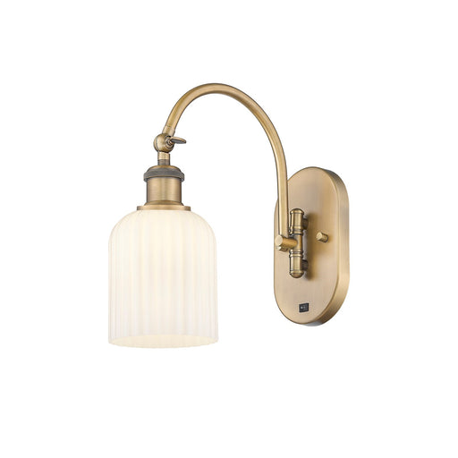 Innovations Bridal Veil 5in 1-Light Wall Sconce | Industrial Brushed Brass and Gloss White Ribbed Glass | Hallway & Bathroom | Model 918-1W-BB-G559-5GWH