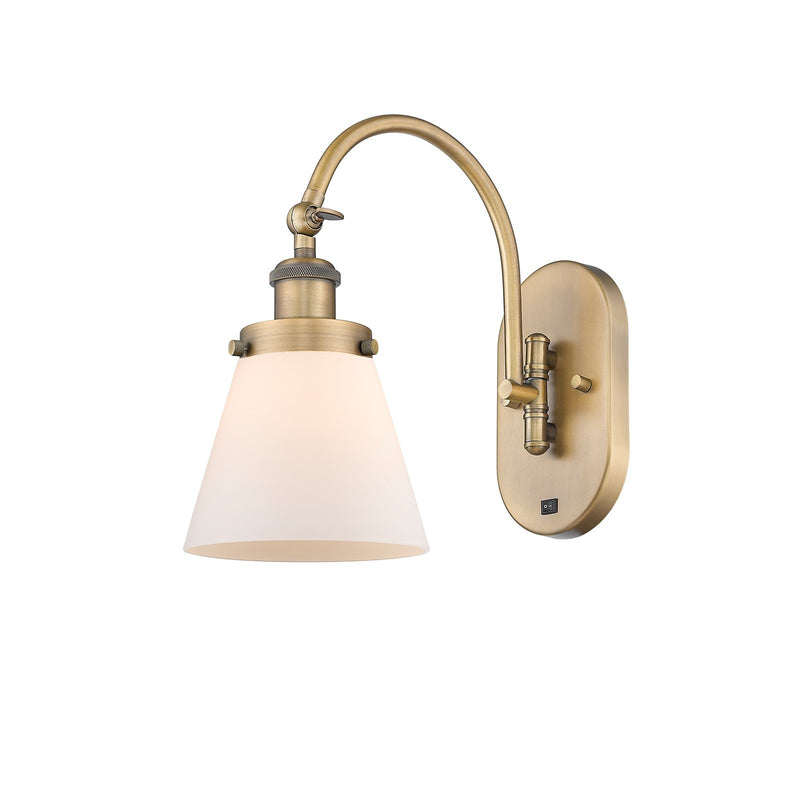 Innovations Cone 6.25in 1-Light LED Swing Arm Sconce | Industrial Farmhouse Brushed Brass and Matte White Frosted Glass | Model 918-1W-BB-G61-LED