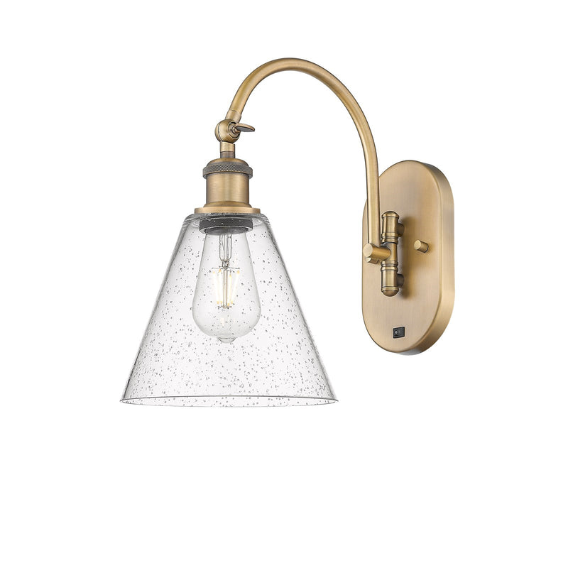 Innovations Berkshire Glass 1-Light 8in Wall Sconce | Industrial Brushed Brass Steel and Seedy Glass | Bathroom & Hallway Accent | Model 918-1W-BB-GBC-84