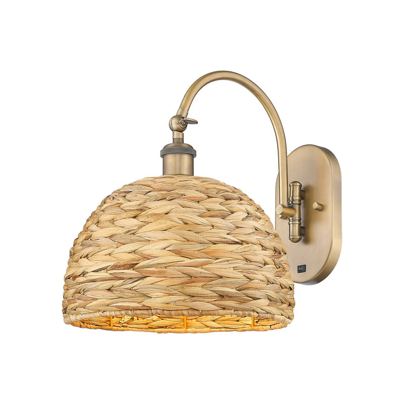 Innovations Woven Rattan 12in 1-Light Wall Sconce | Industrial Brushed Brass and Natural Fiber Dome Shade | Bedroom & Hallway | Model 918-1W-BB-RBD-12-NAT