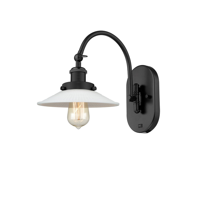 Innovations Halophane 1-Light Swing Arm Sconce | Industrial Matte Black Steel and Frosted White Glass | Bedroom & Living Room | Model 918-1W-BK-G1-LED