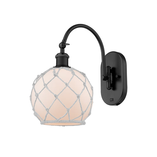 Innovations Farmhouse Rope 8in 1-Light Wall Sconce | Industrial Matte Black Steel and White Frosted Glass with White Rope | Model 918-1W-BK-G121-8RW