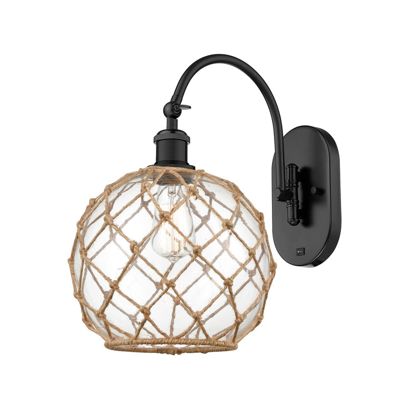 Innovations Farmhouse Rope 10in 1-Light Wall Sconce | Industrial Matte Black Steel and Clear Glass with Brown Rope | Bedroom & | Model 918-1W-BK-G122-10RB