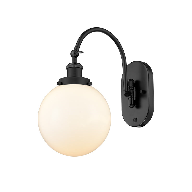 Innovations Beacon 8in 1-Light Swing Arm Lamp | Industrial Matte Black Steel and Matte White Frosted Glass | Bedroom & Living | Model 918-1W-BK-G201-8