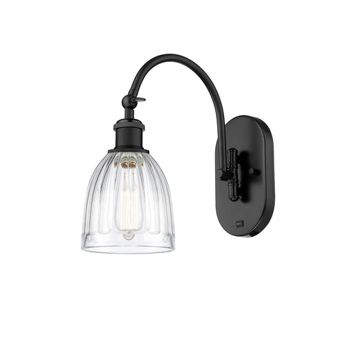 Innovations Brookfield 6in 1-Light Wall Sconce | Industrial Matte Black and Clear Ribbed Glass | Hallway & Bathroom Accent | Model 918-1W-BK-G442
