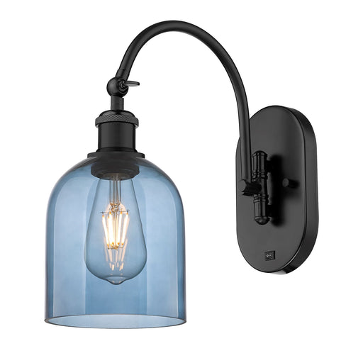 Innovations Bella 5.5in 1-Light Wall Sconce | Industrial Matte Black and Blue Glass | Bedroom & Hallway Accent | 5.5 x 13.5 in | Model 918-1W-BK-G558-6BL