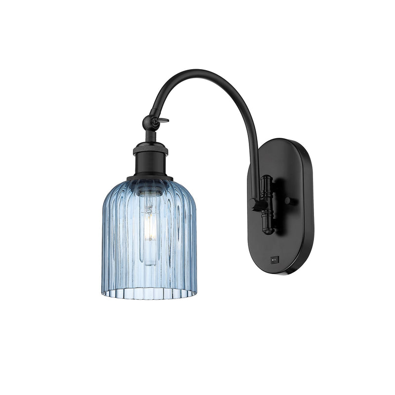 Innovations Bridal Veil 5in 1-Light Wall Sconce | Industrial Matte Black Steel and Princess Blue Ribbed Glass | Hallway & | Model 918-1W-BK-G559-5BL