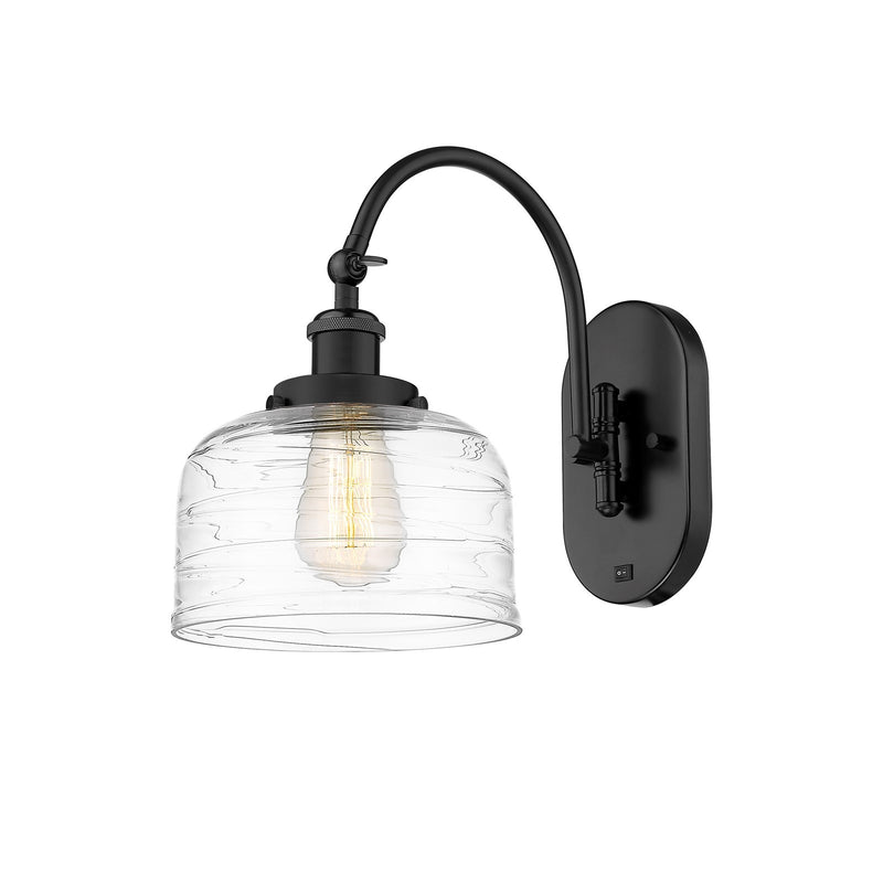 Innovations Bell 8in 1-Light Swing Arm Sconce | Industrial Matte Black Steel and Clear Deco Swirl Glass | Bedroom Reading Light | Model 918-1W-BK-G713