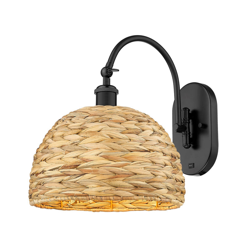 Innovations Woven Rattan 12in 1-Light Wall Sconce | Industrial Matte Black Steel and Natural Fiber Dome Shade | Bedroom & | Model 918-1W-BK-RBD-12-NAT