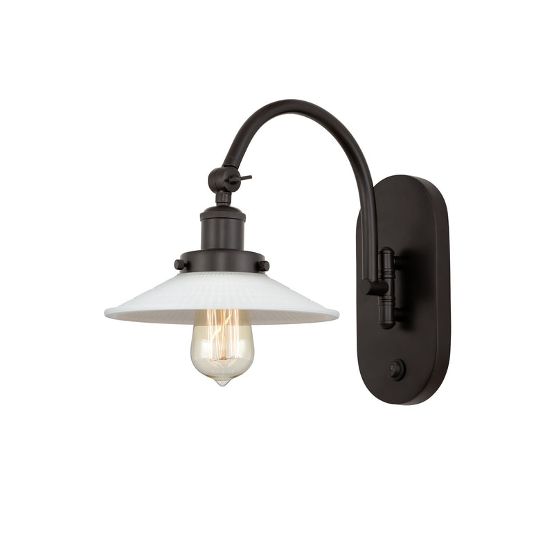 Innovations Halophane 1-Light Swing Arm Wall Sconce | Industrial Oil Rubbed Bronze Steel and Matte White Frosted Glass | Bedroom | Model 918-1W-OB-G1-LED