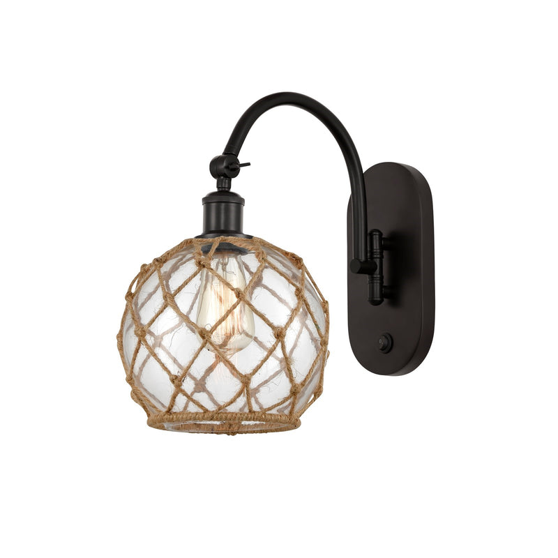 Innovations Farmhouse Rope 8in 1-Light Wall Sconce | Industrial Oil Rubbed Bronze Steel and Clear Glass with Brown Rope | Model 918-1W-OB-G122-8RB