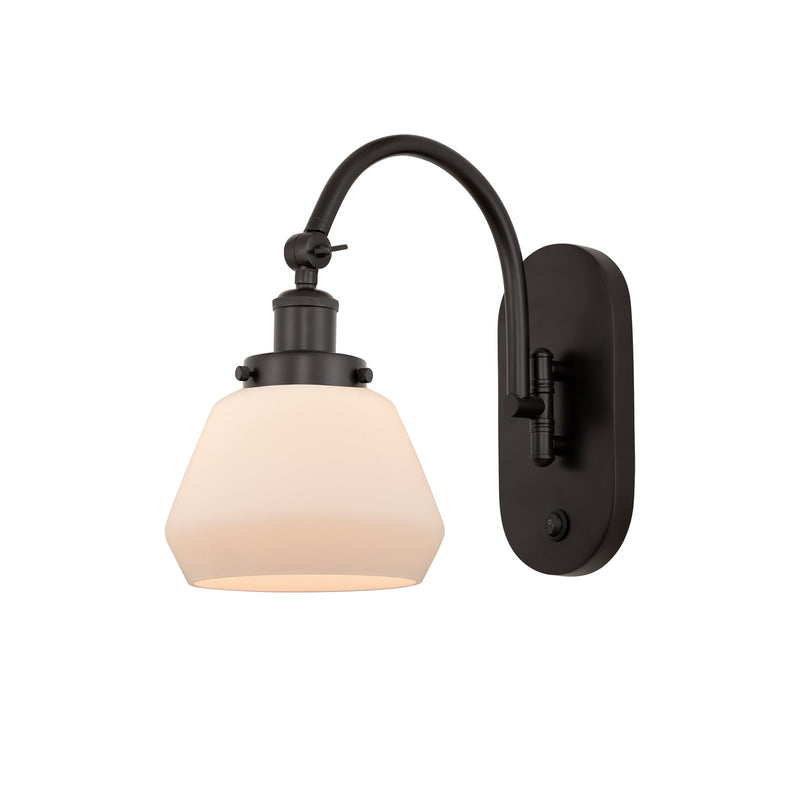 Innovations Fulton 1-Light 7in Swing Arm Sconce | Industrial Oil Rubbed Bronze Steel and Matte White Glass | Bedroom & Living Room | Model 918-1W-OB-G171