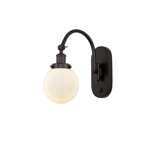 Innovations Beacon 1-Light Swing Arm Wall Sconce | Industrial Oil Rubbed Bronze Steel and Matte White Frosted Glass | Bedroom & | Model 918-1W-OB-G201-6