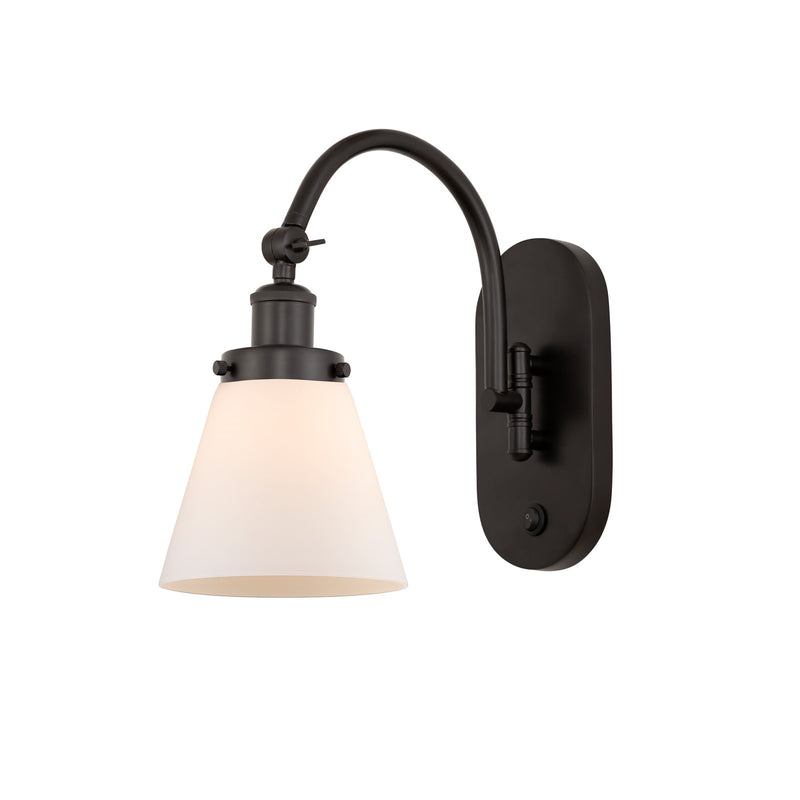 Innovations Cone 6.25in 1-Light Swing Arm Lamp | Industrial Oil Rubbed Bronze Steel and Matte White Frosted Glass | Bedroom & Living | Model 918-1W-OB-G61