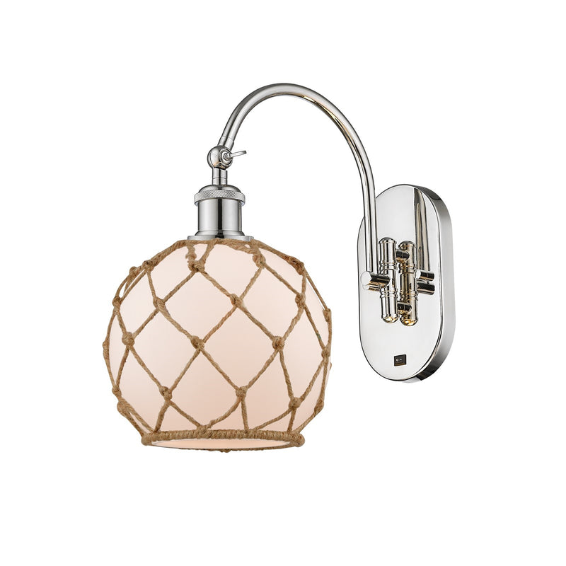 Innovations Farmhouse Rope 8in 1-Light Wall Sconce | Industrial Polished Nickel and White Frosted Glass with Brown Rope | Model 918-1W-PN-G121-8RB