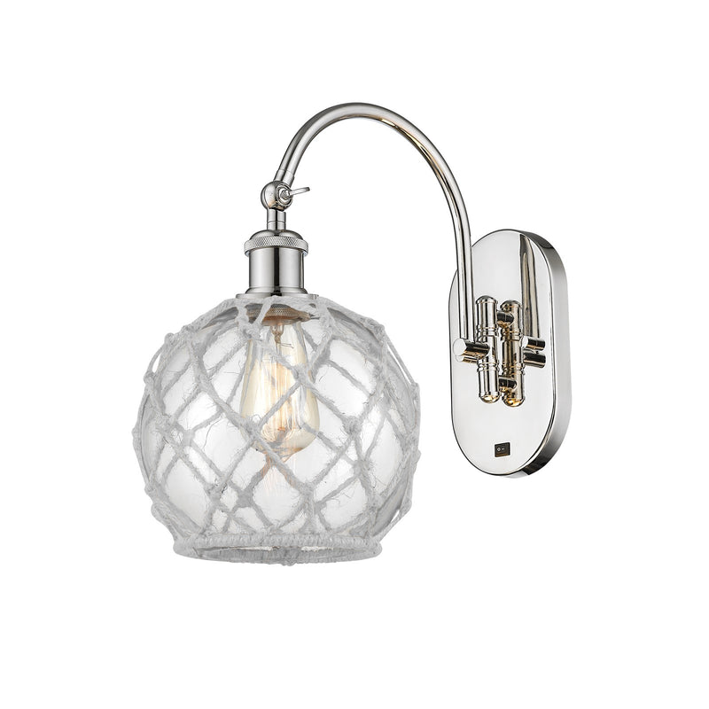 Innovations Farmhouse Rope 8in 1-Light Wall Sconce | Industrial Polished Nickel Steel and Clear Glass with White Rope | Bedroom | Model 918-1W-PN-G122-8RW