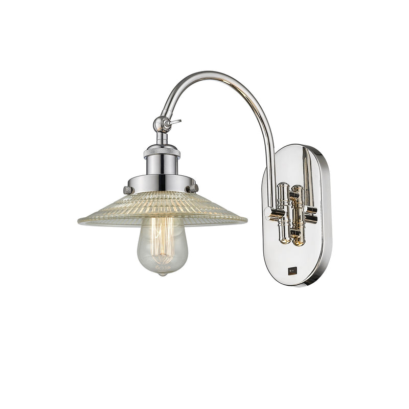 Innovations Halophane 8.5in 1-Light Swing Arm Lamp | Industrial Polished Nickel and Clear Halophane Glass | Bedroom Reading Light | Model 918-1W-PN-G2-LED