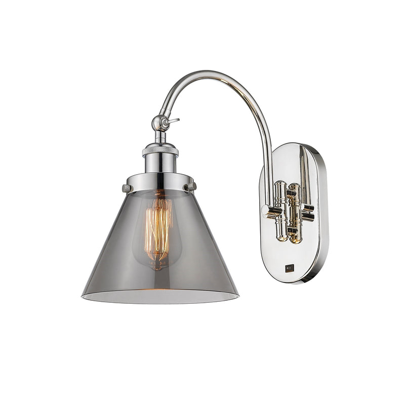 Innovations Cone 8in 1-Light Swing Arm Lamp | Industrial Polished Nickel Steel and Light Smoke Glass | Bedroom & Living Room | Model 918-1W-PN-G43-LED