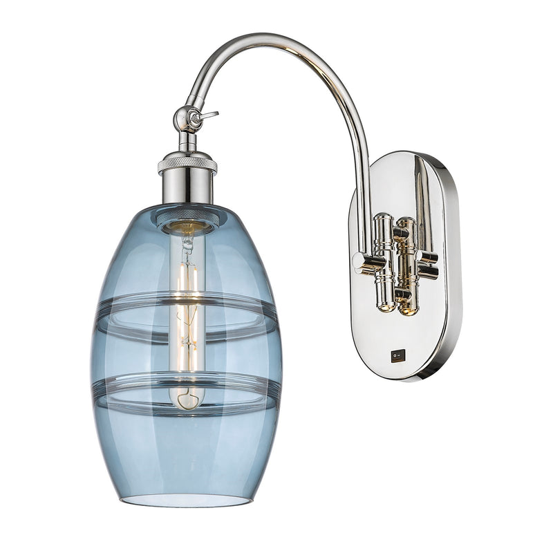 Innovations Vaz 6in 1-Light Wall Sconce | Industrial Polished Nickel and Blue Glass | Bedroom & Hallway Accent Light | Model 918-1W-PN-G557-6BL