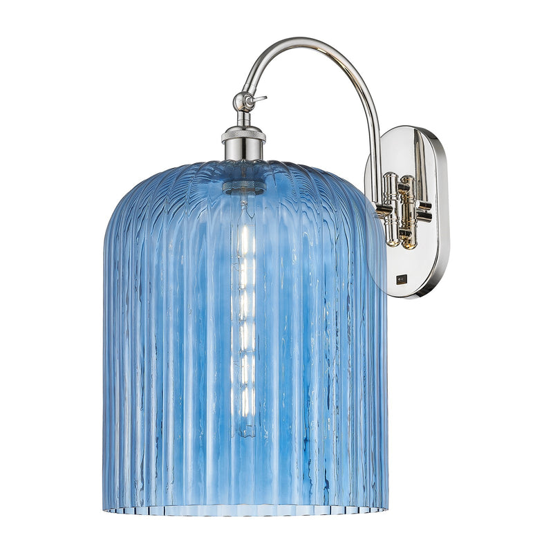 Innovations Bridal Veil 12in 1-Light Wall Sconce | Industrial Polished Nickel and Princess Blue Ribbed Glass | Living Room & | Model 918-1W-PN-G559-12BL