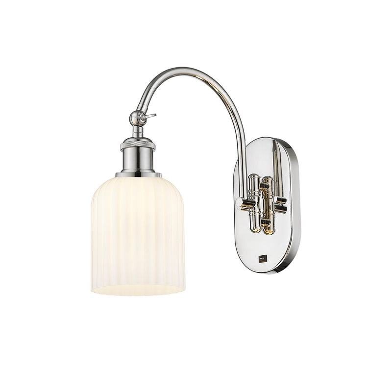 Innovations Bridal Veil 5in 1-Light Wall Sconce | Industrial Polished Nickel and Gloss White Ribbed Glass | Bathroom & Hallway | Model 918-1W-PN-G559-5GWH
