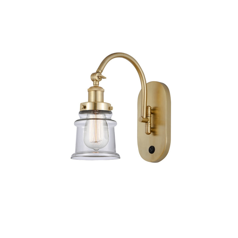 Innovations Canton 1-Light 6.5in Swing Arm Wall Sconce | Industrial Satin Gold Steel and Clear Glass | Bedroom Reading Light | Model 918-1W-SG-G182S