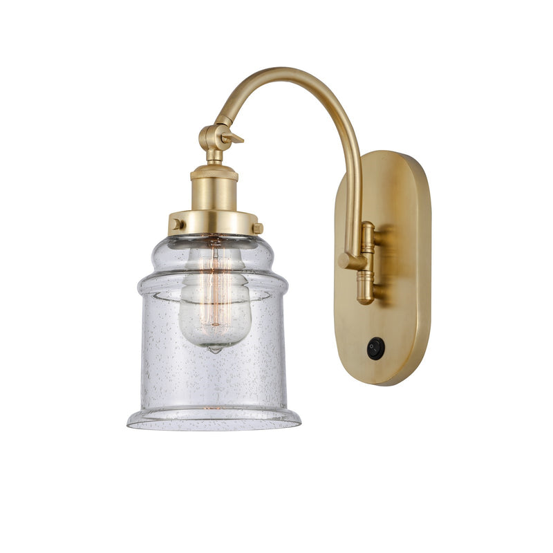 Innovations Canton 1-Light 6.5in Swing Arm Wall Sconce | Industrial Satin Gold Steel and Seedy Glass | Bedroom Reading Light | Model 918-1W-SG-G184-LED