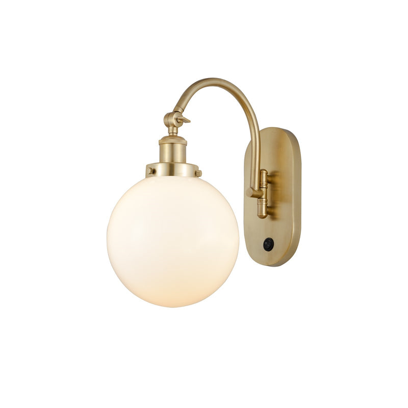 Innovations Beacon 8in 1-Light Swing Arm Wall Sconce | Industrial Satin Gold Steel and Matte White Frosted Glass | Bedroom & | Model 918-1W-SG-G201-8