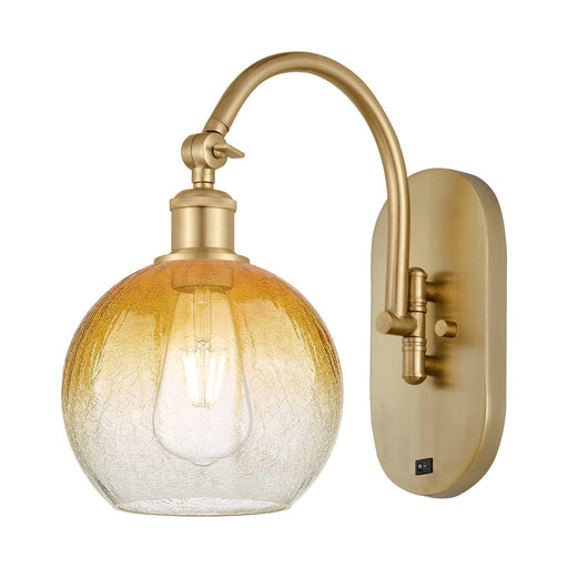 Innovations Brookhaven Globe 7.88in 1-Light Wall Sconce | Industrial Satin Gold Steel and Amber Glass | Bathroom & Hallway | Model 918-1W-SG-G483-8AM